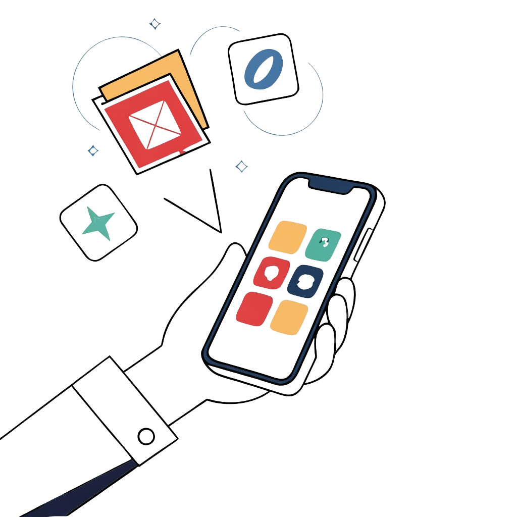 Hand holding mobile phone with apps